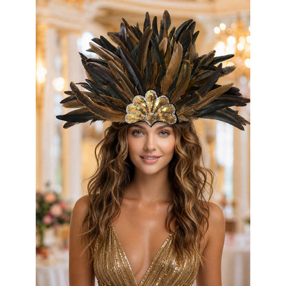 Feather headpiece with dark brown feathers and a gold sequined center, worn by a model in a formal indoor setting