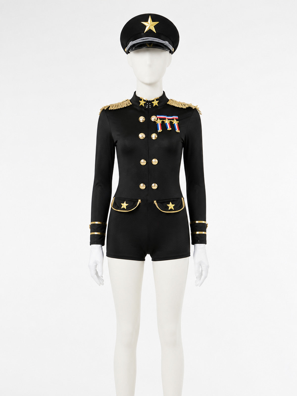 Women's Police Officer Costume, Gold Trim Jumpsuit with Hat and Gloves main product view