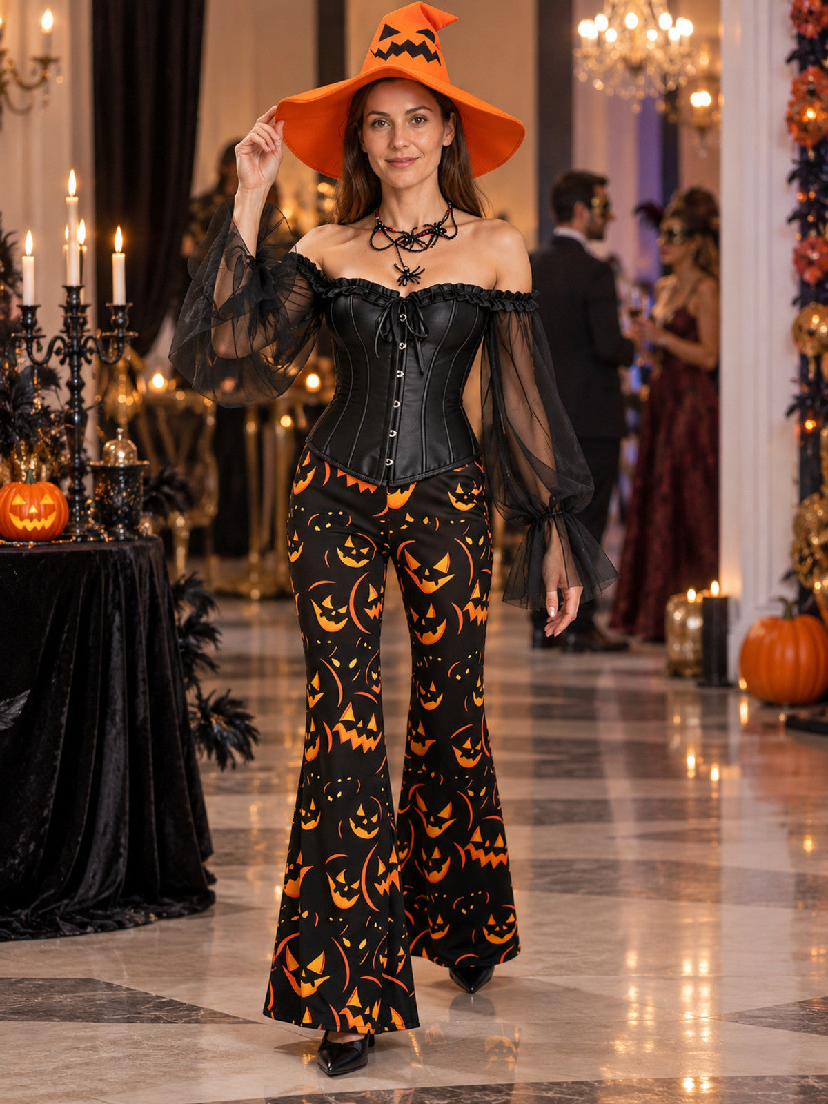 Witch Halloween Costume with Corset, Flared Pants, and Hat