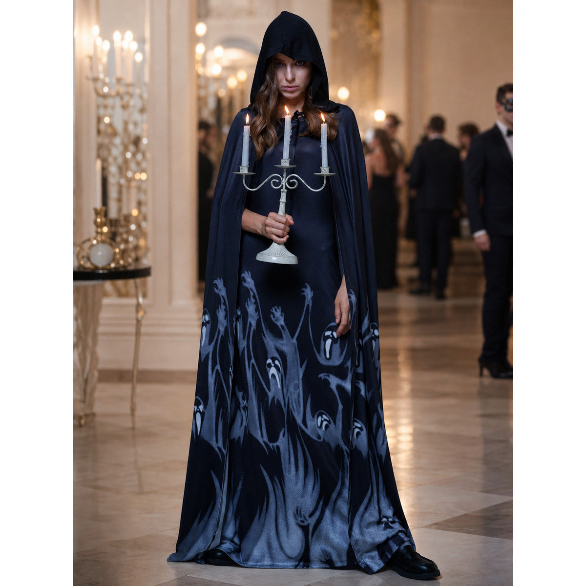 Long Black Hooded Robe with Ghost Pattern