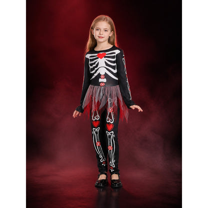 Girls Black Skeleton Jumpsuit With Tulle Skirt Halloween Costume main product view