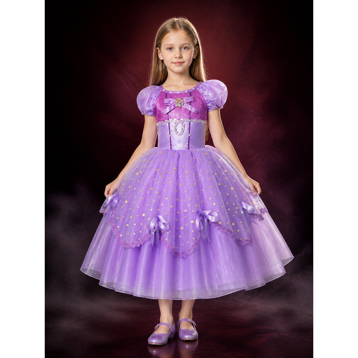 Girls Purple Princess Ball Gown Costume, Star Pattern Layered Tutu Dress with lifestyle