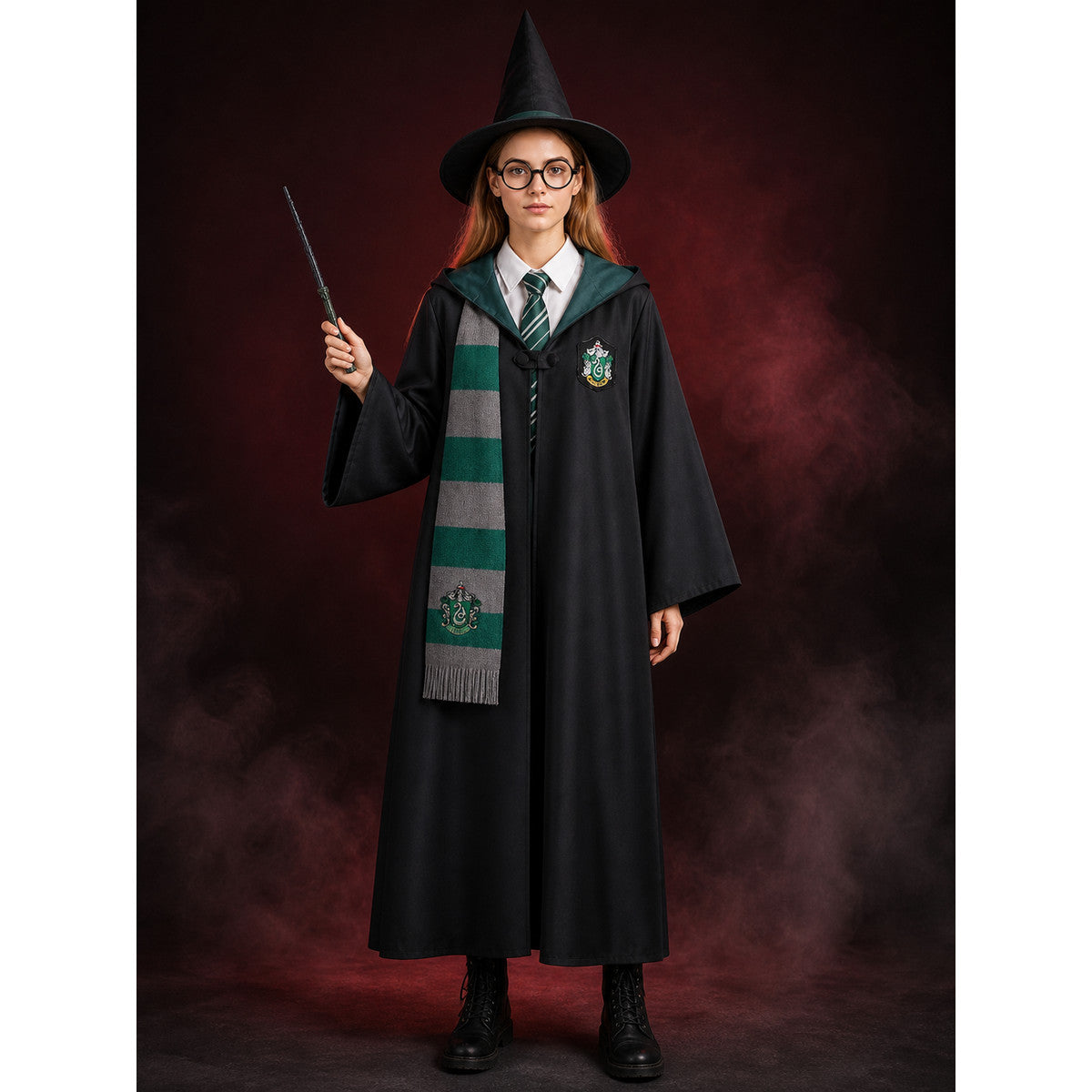Slytherin Wizard Robe Costume Set with Tie, Scarf, Glasses, Wand, Hat & Shirt main product view