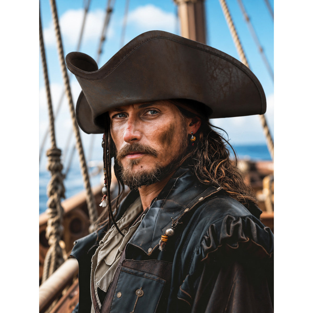 Dark Brown Tricorn Pirate Hat, Three-Cornered Structured Crown with Broad Curved Upturned Brim and Stitched lifestyle view