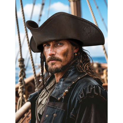 Dark Brown Tricorn Pirate Hat, Three-Cornered Structured Crown with Broad Curved Upturned Brim and Stitched lifestyle view