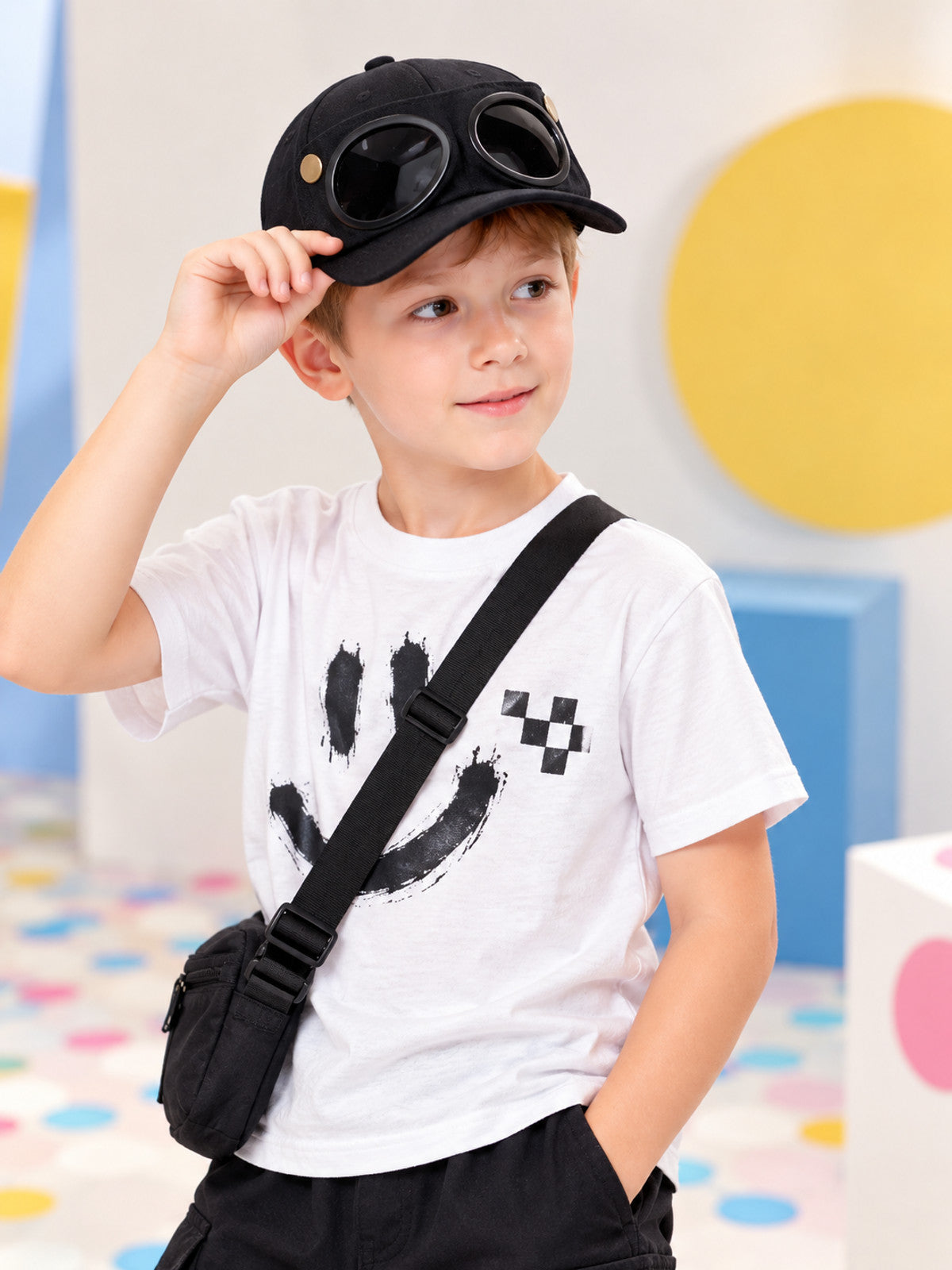 Kids Baseball Cap Black with Glasses and Studs