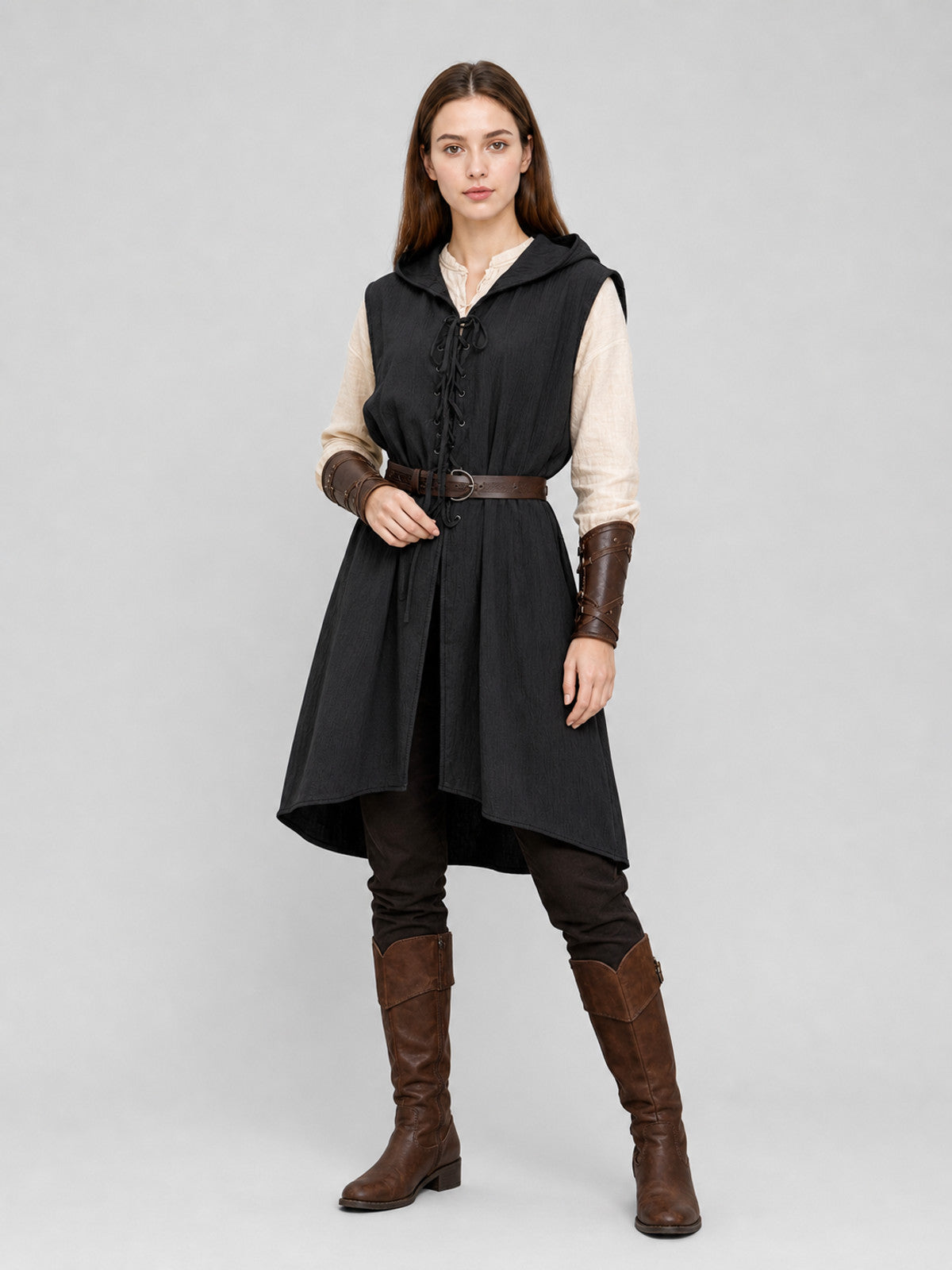 Black Medieval Hooded Dress with Belt