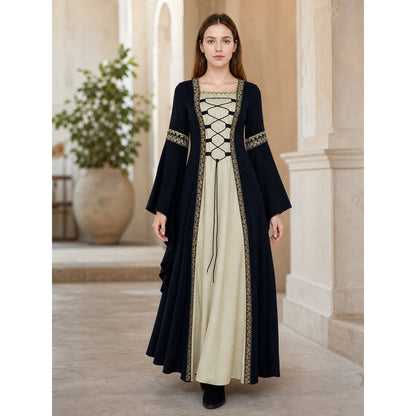 Medieval-style dress with flared sleeves, lacing, and decorative trim. The design is made in black with a cream-colored center panel and golden floral elements along the edges and on the cuffs. The open front layer frames the light-colored 
