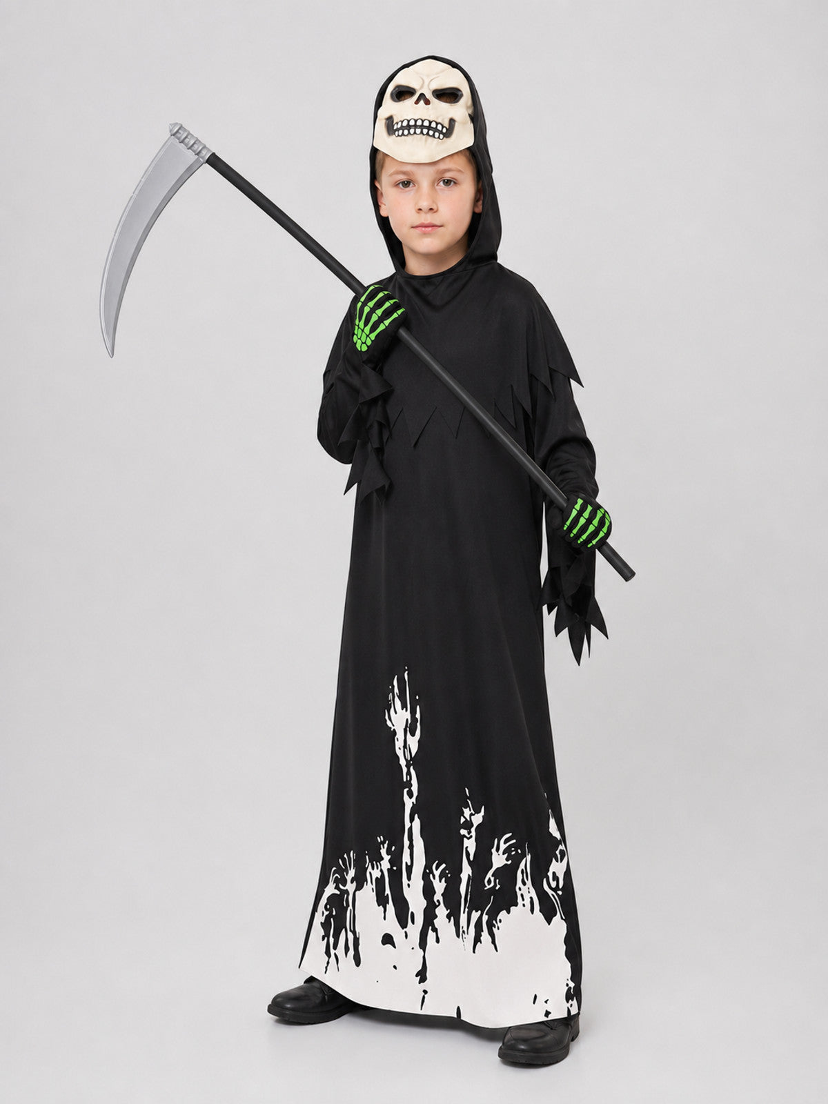 Reaper Jumpsuit Costume with Mask, Gloves, and Scythe Costume Masks detail