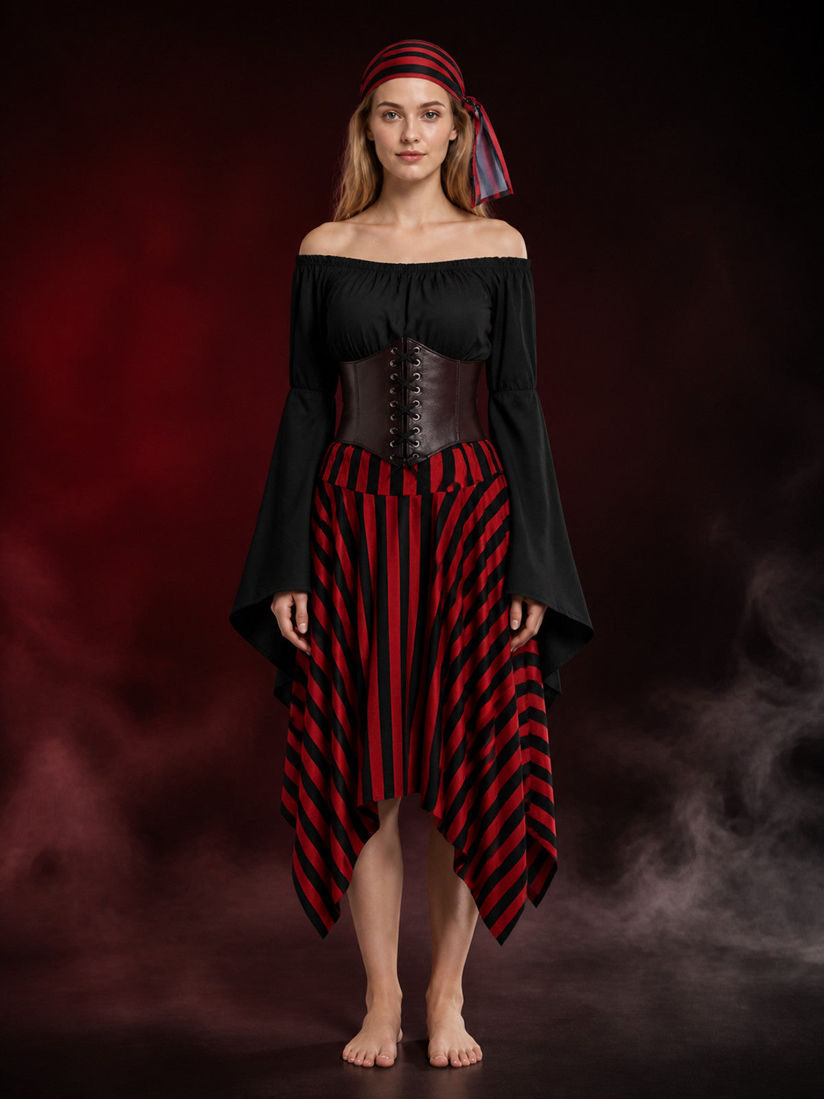 Women's Pirate Costume Set, Black Long Sleeve Top and Red Striped Skirt with main product view