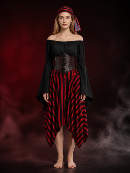 Women's Pirate Costume Set, Black Long Sleeve Top and Red Striped Skirt with main product view
