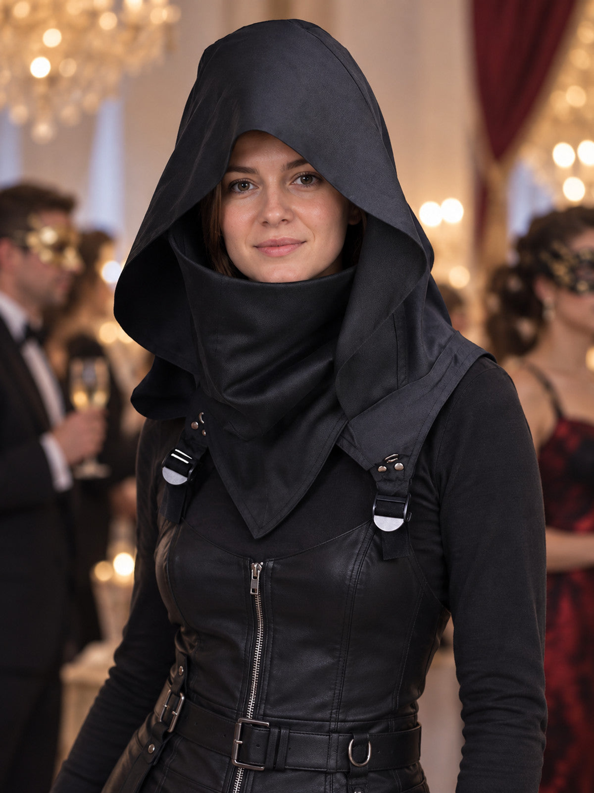Black hood-mask made of suit fabric with a cutout