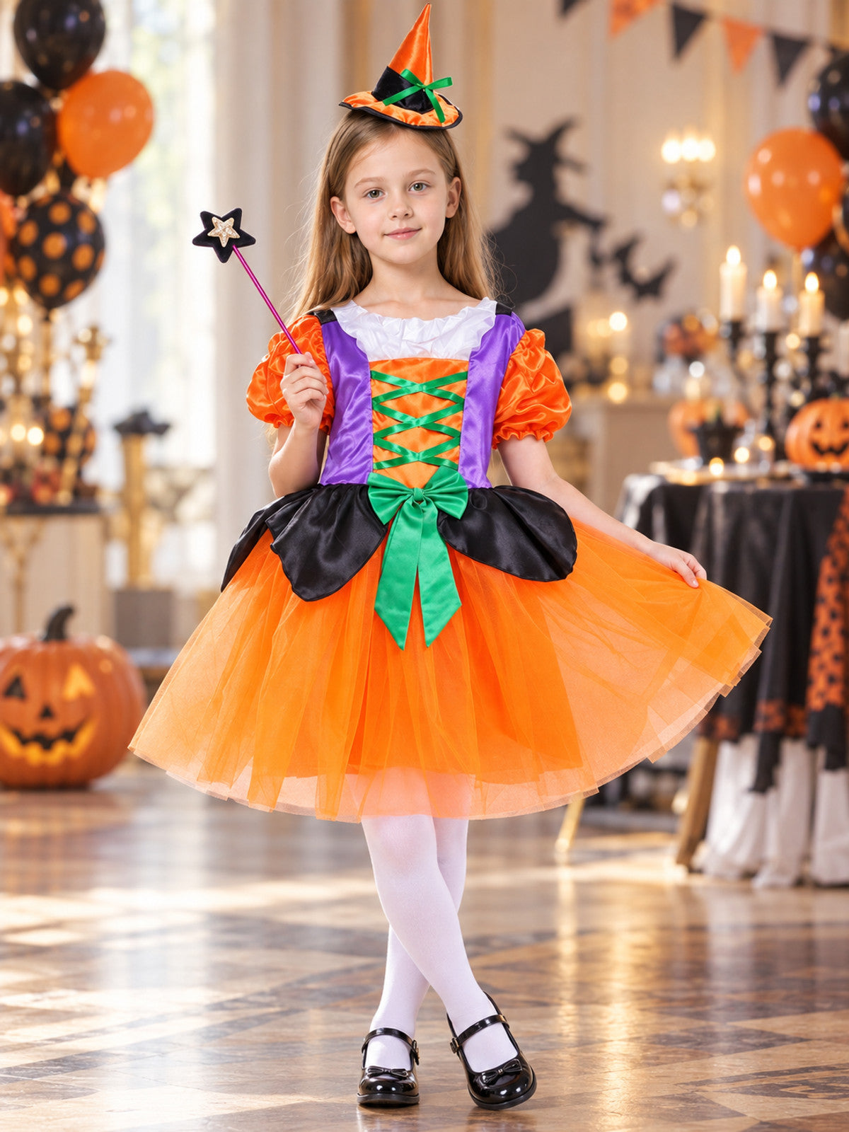 Witch Halloween Costume with Dress, Hat, and Wand
