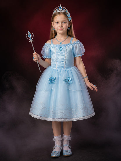 Girls Blue Princess Costume Dress Set with Crown, Wand, and Jewelry, Halloween