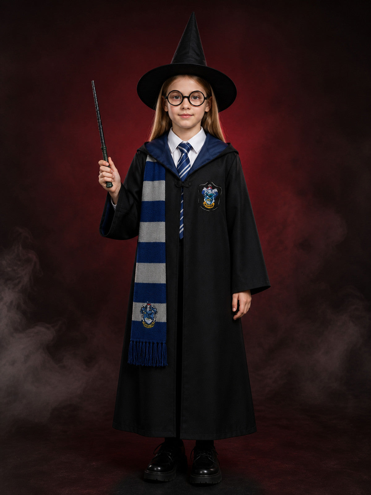 Wizard Cosplay Costume Set - Blue Robe with Scarf, Tie, Hat, Glasses and Wand main product view