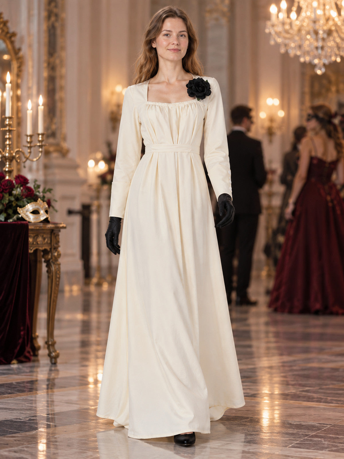 Carnival costume: dress, black gloves, rose brooch