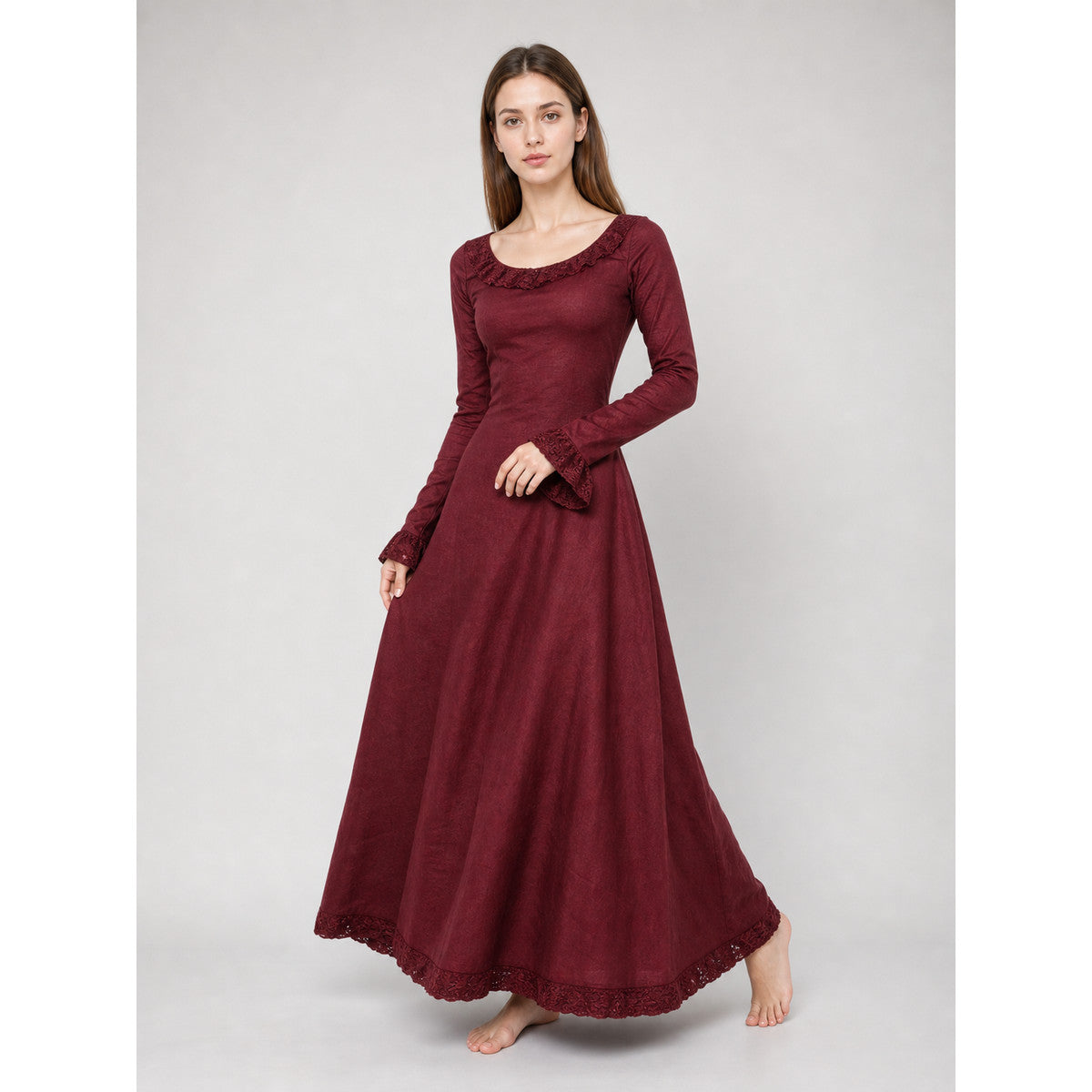 Vintage Burgundy Maxi Dress with Long Sleeves Costume Dresses detail