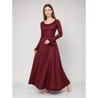 Vintage Burgundy Maxi Dress with Long Sleeves Costume Dresses detail