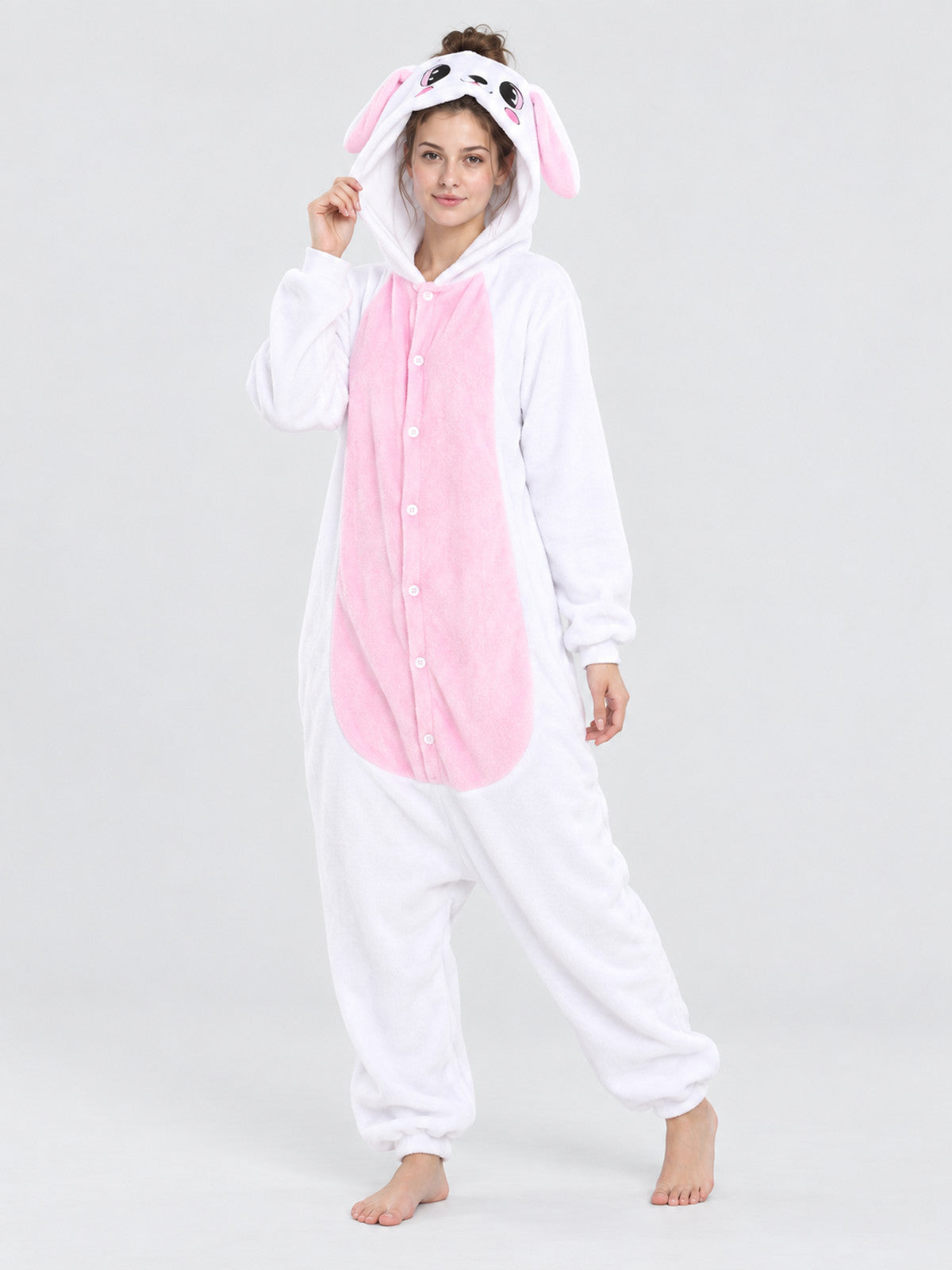 Flannel Pajama Jumpsuit, White with Animal Hood