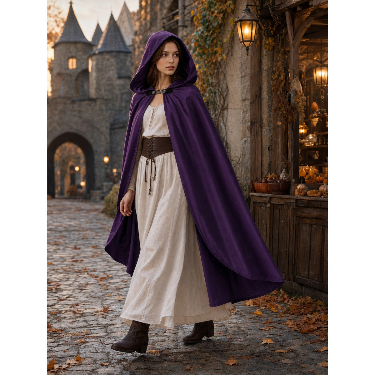 Purple hooded cloak with a smooth sheen and front clasp shown full-body on a model in a cobblestone village scene