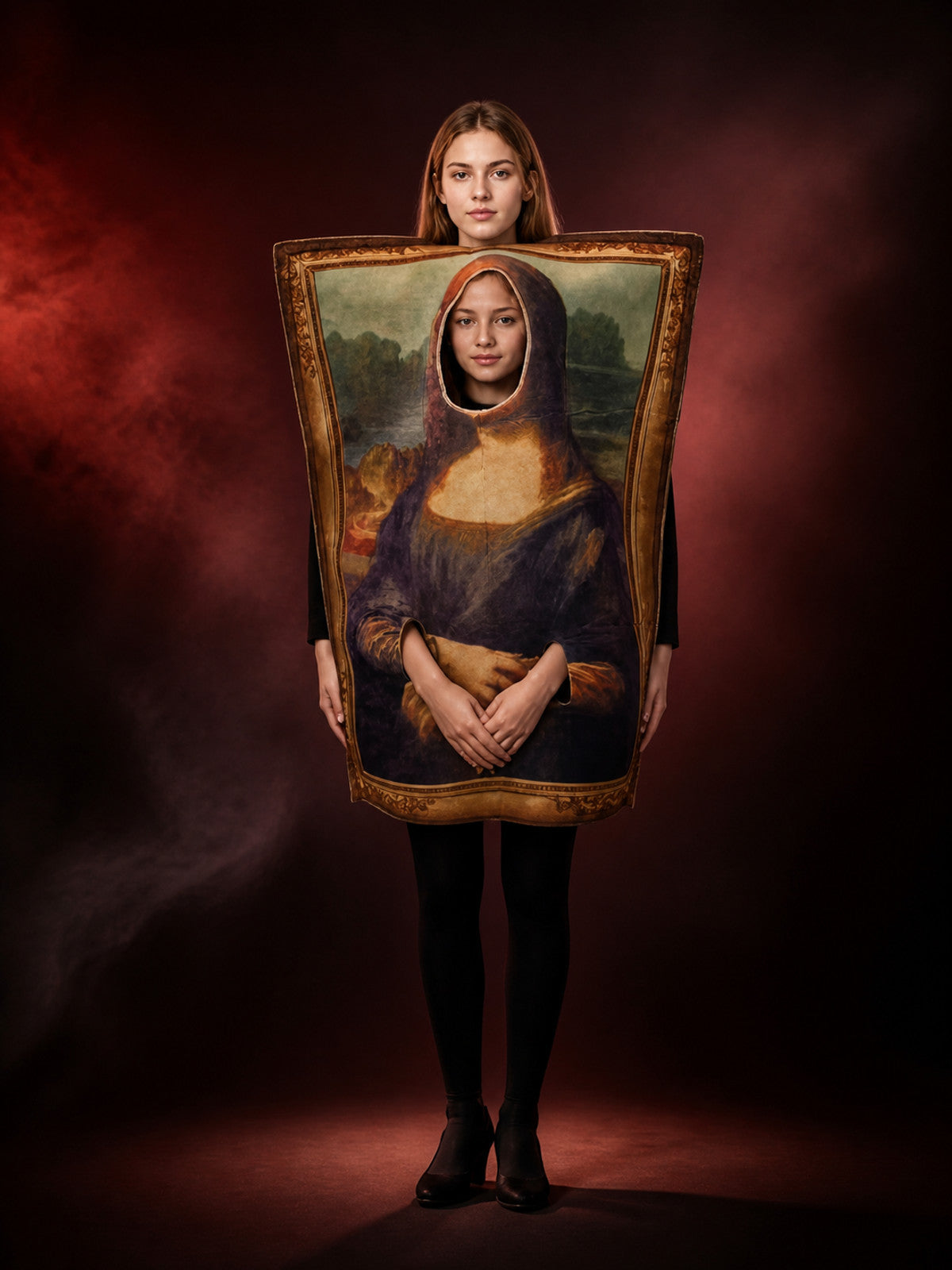 Funny Mona Lisa Portrait Bodysuit Costume, Vintage Gold Frame Halloween Party main product view