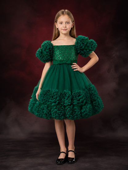 Baby Girls' Dark Green Sequined Princess Dress With Puff Sleeves and Ruffle Trim
