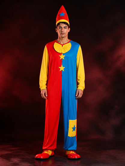 Unisex Clown Jumpsuit Costume Set With Pointed Hat And Star Decorations For