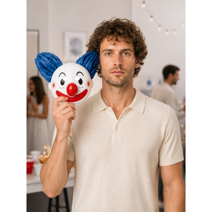 Carnival clown mask with a red nose and blue hair lifestyle view