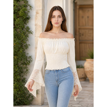 Off-the-Shoulder Blouse with Lace Cuffs