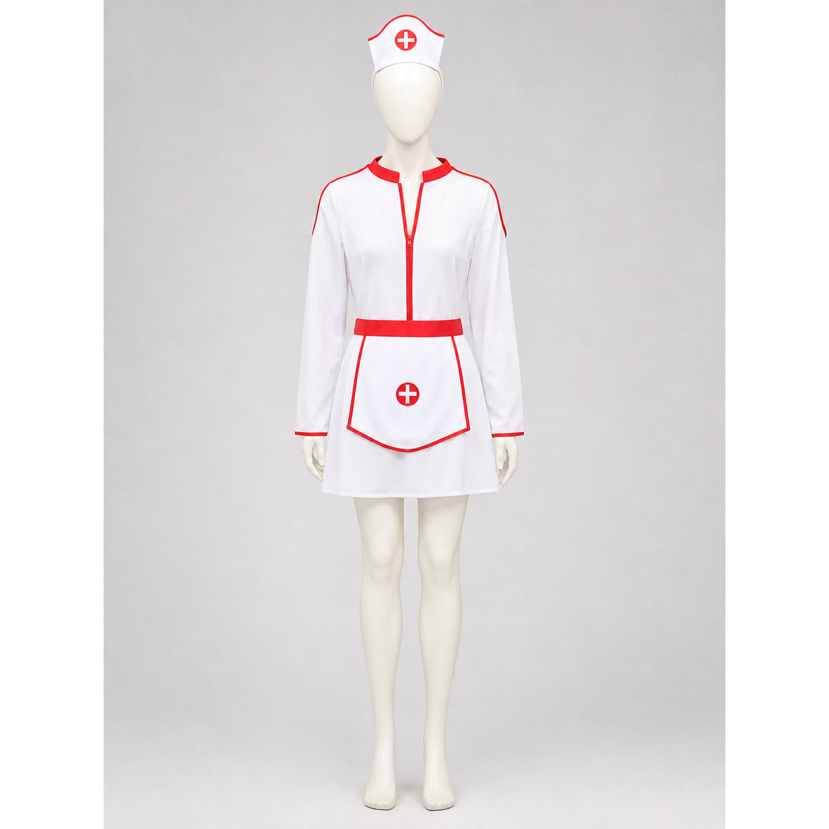 Nurse costume presented in a white-and-red color scheme and designed as a one-piece outfit with long sleeves and shorts. The front features a red zipper, complemented by a red belt that accentuates the garment’s design. The white base is de