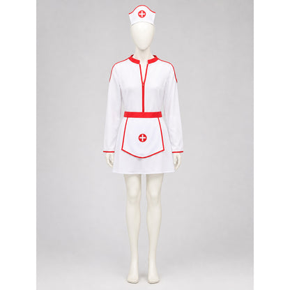 Nurse costume presented in a white-and-red color scheme and designed as a one-piece outfit with long sleeves and shorts. The front features a red zipper, complemented by a red belt that accentuates the garment’s design. The white base is de