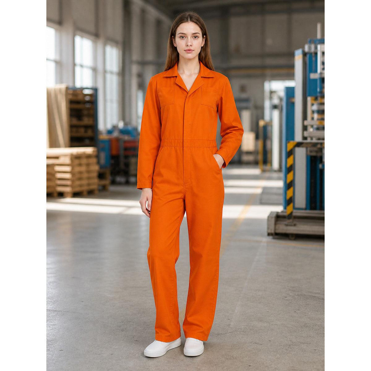 Full-body view of a woman in an orange jumpsuit standing in an industrial warehouse, with a notched collar, long sleeves, chest pockets, and white shoes