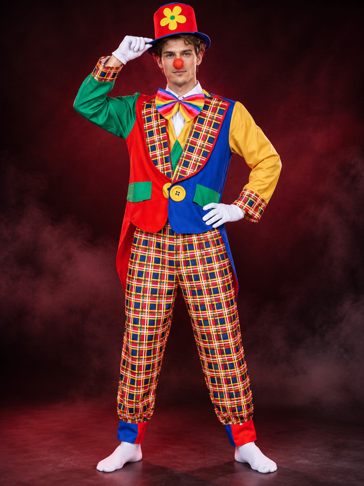 Adult Clown Costume Multicolor Plaid with Bow