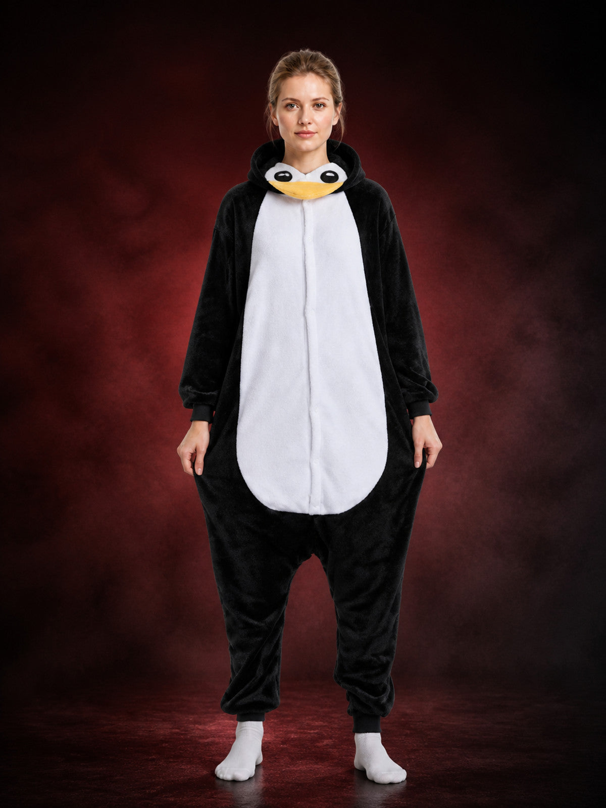 Hooded Penguin Onesie Costume With Yellow Beak, Long Sleeves And Pants