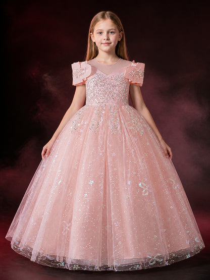 Girls' Pink Princess Dress, Sequined Ruffle-Sleeve Long Formal Gown main product view