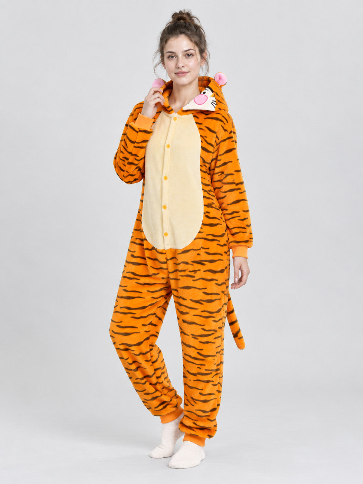 Orange Striped Hooded Pajama Jumpsuit with Ears