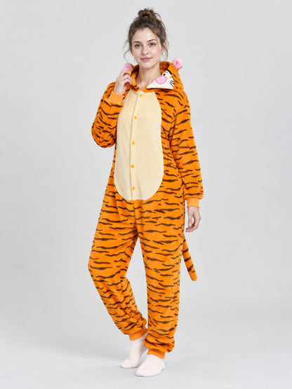 Orange Striped Hooded Pajama Jumpsuit with Ears