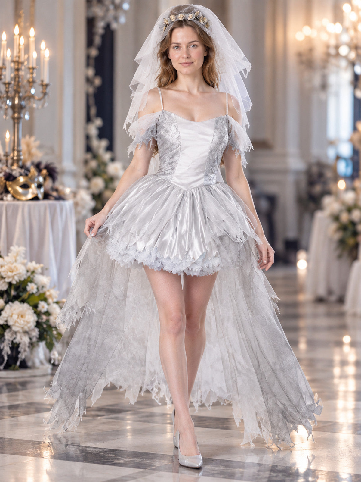 Ghost Carnival Costume with White Dress, Veil, and Mesh