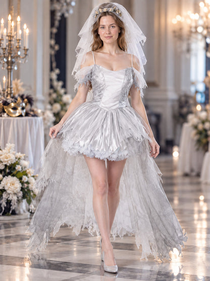 Ghost Carnival Costume with White Dress, Veil, and Mesh