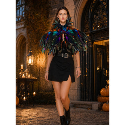 Halloween Costume, Multicolor Feather Cape, 3-Layer Feather Shawl with Upright Collar and Center Tie, Open Front Shoulder Wrap for Stage Performance