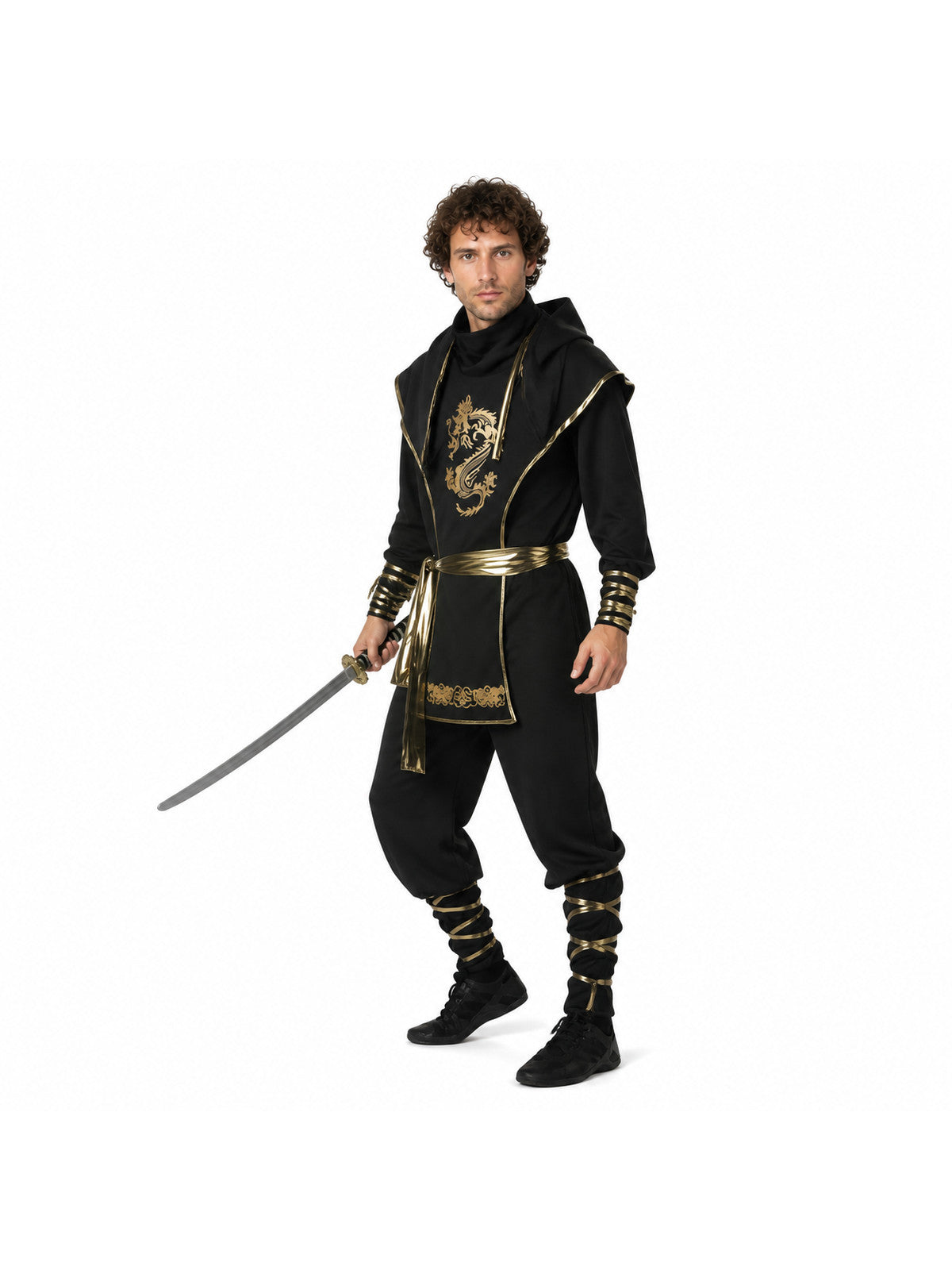 Black Ninja Costume with a Golden Dragon and Hood Costumes detail
