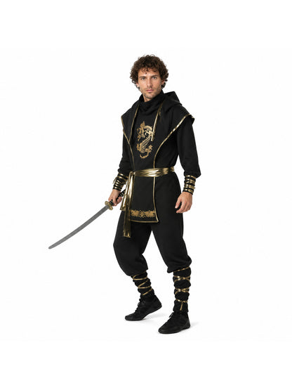 Black Ninja Costume with a Golden Dragon and Hood Costumes detail