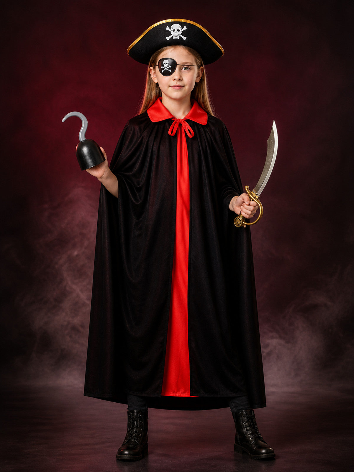 Pirate Costume Set, Black & Red Double-Sided Cape with Skull & Crossbones Hat main product view