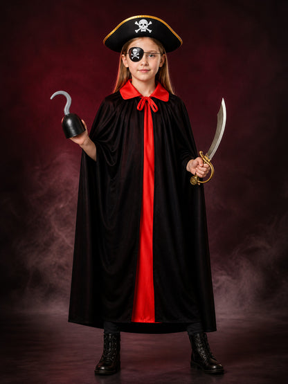 Pirate Costume Set, Black & Red Double-Sided Cape with Skull & Crossbones Hat main product view
