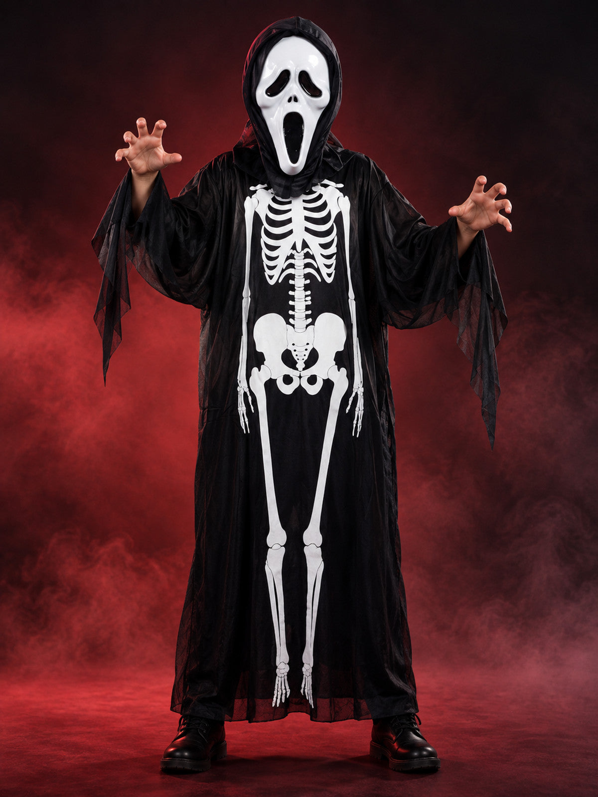 Skeleton Costume with Mask, Black Hooded Robe