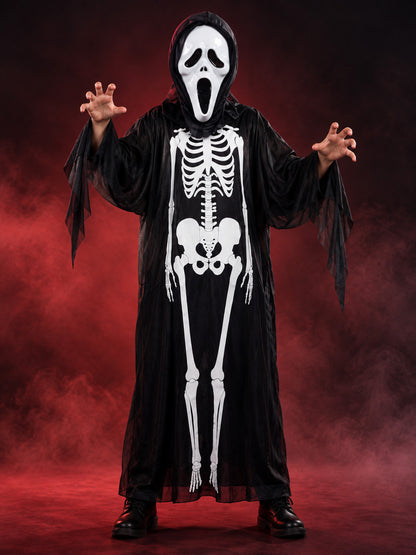 Skeleton Costume with Mask, Black Hooded Robe
