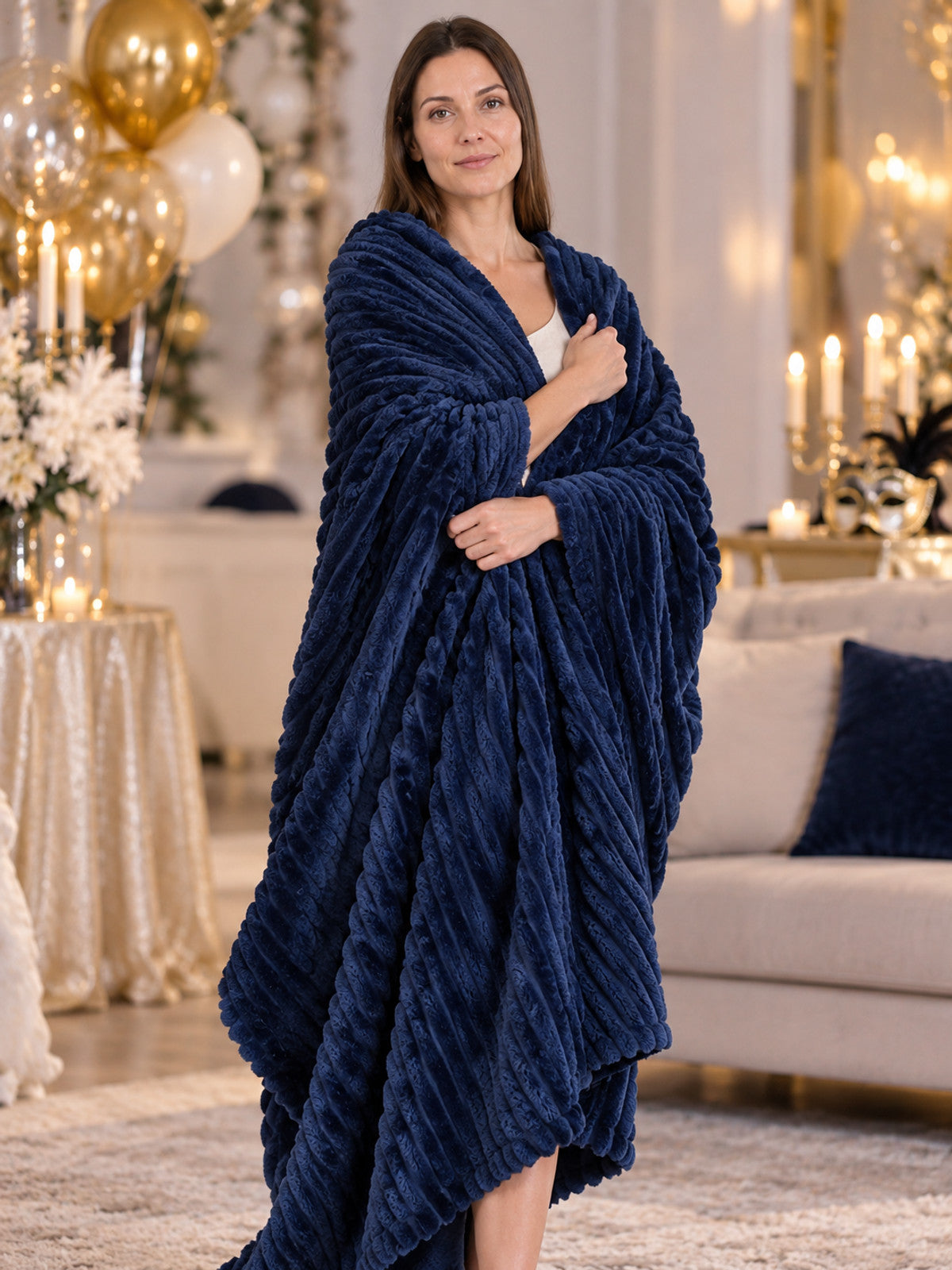 Dark Blue Flannel Blanket with Embossed Stripes