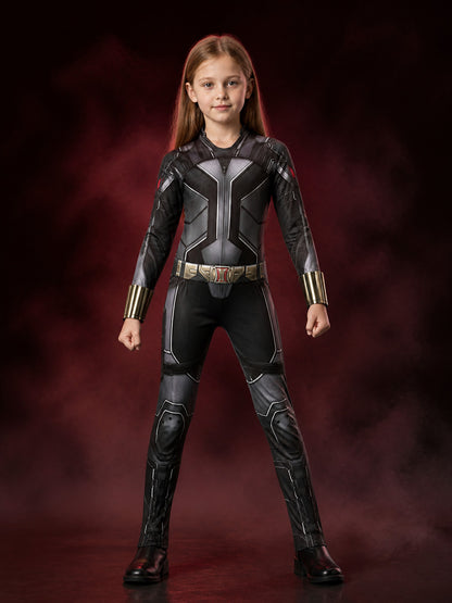 Girls Black Widow Superhero Bodysuit Costume, Long Sleeve Armor Print Jumpsuit
