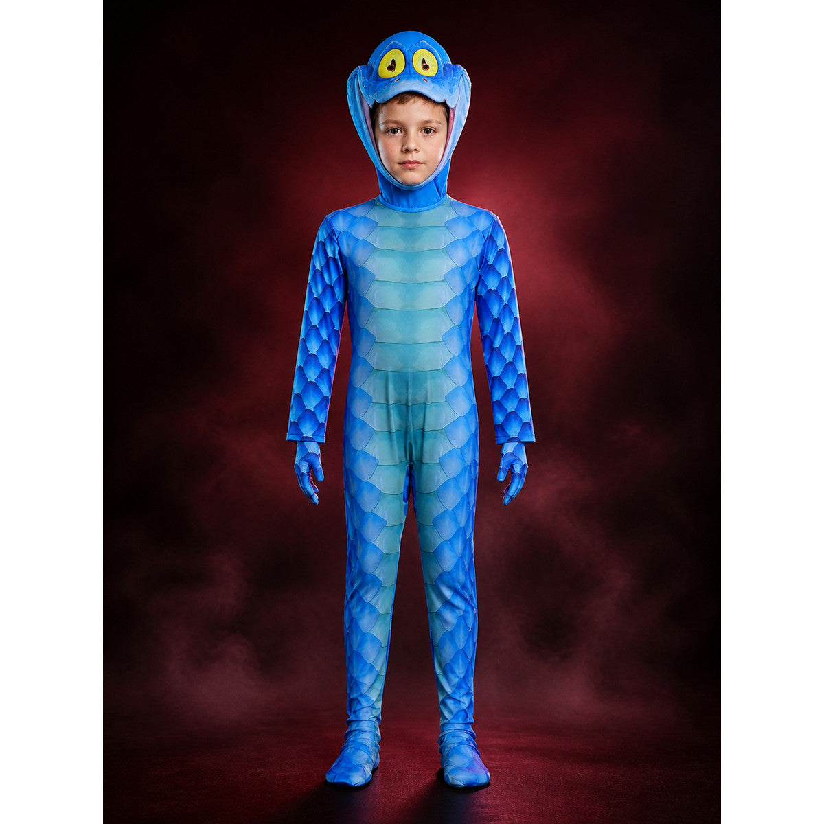 Blue Scaly Monster Hooded Bodysuit Costume with Gloves, Halloween Outfit main product view