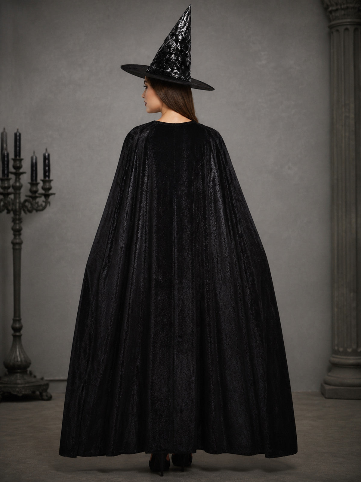 The Witch Hat and Cape Costume Set - Shiny Pointed Hat with Wide Brim, Long